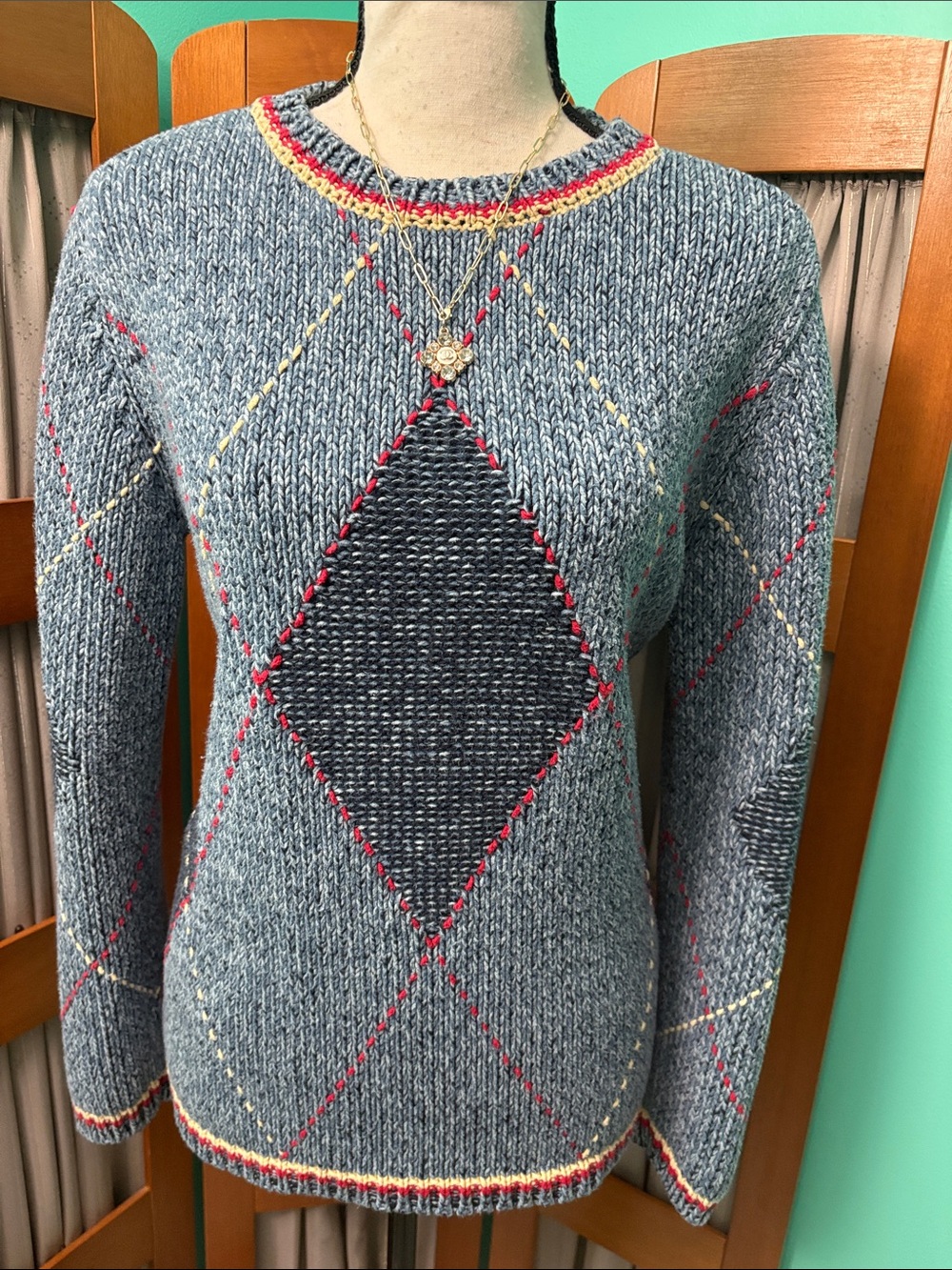 Liz Claiborne Vintage Argyle Crewneck Sweater with Contrast Stitching